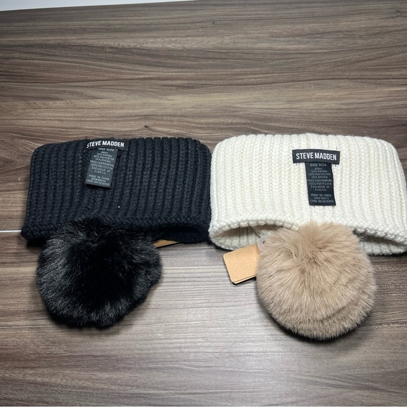 2 Women’s Steve Madden Beanie Pom Cap Black/Brown - Picture 9 of 11